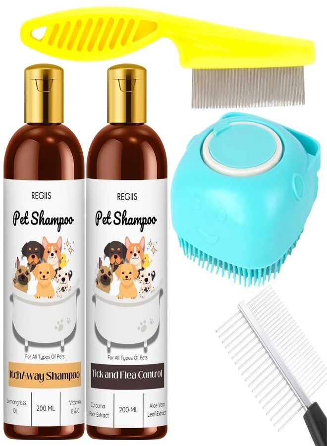 Regiis Pet Grooming Kit with Shampoo Set, Tick and Flea Control, Itch Away Formula, Silicone Brush, Metal Combs, 200ml Bottles(Pack of 5) - Image 1